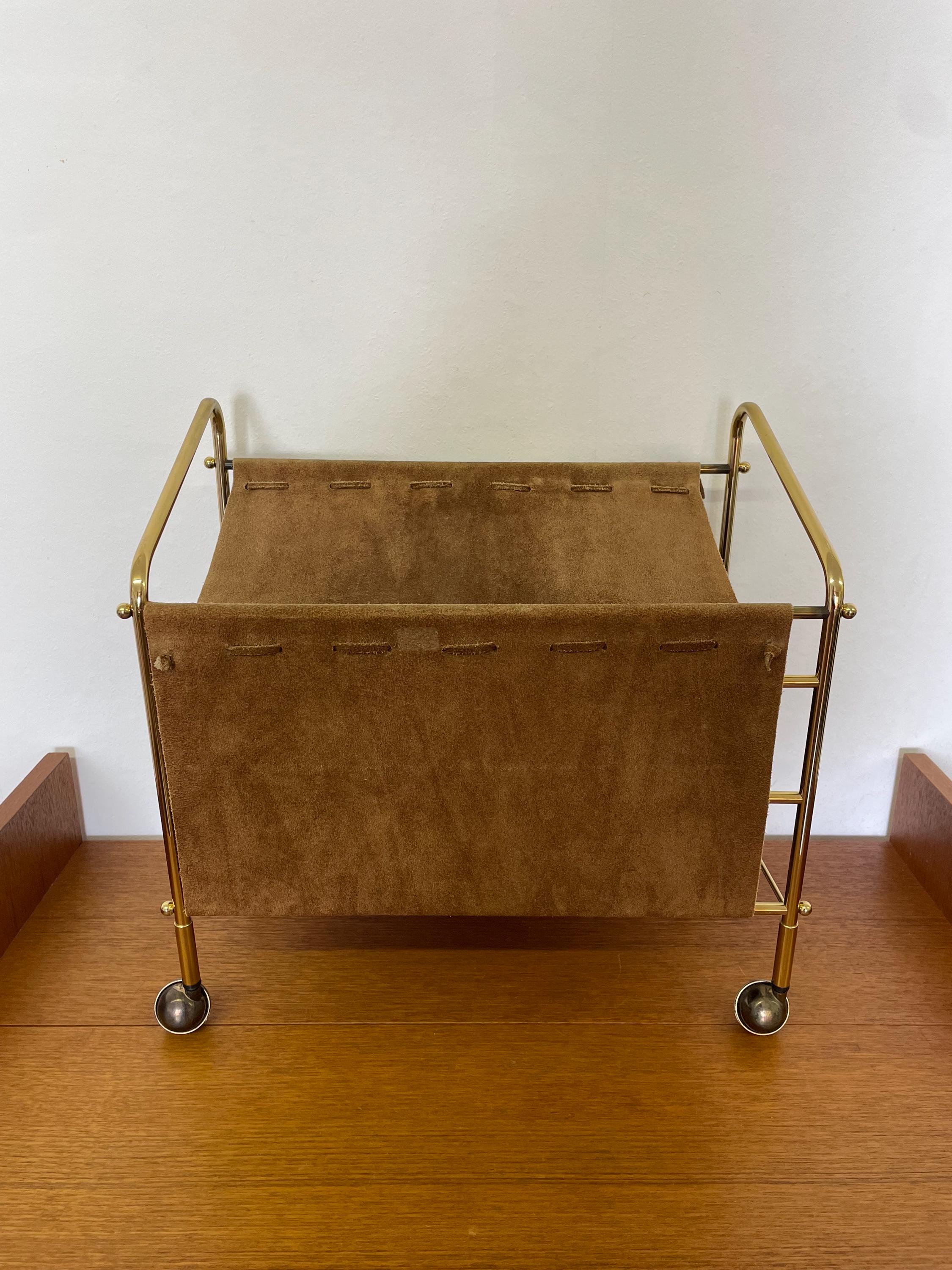 Rolling Magazine Rack / Newspaper Stand Made of Suede and Brass, 1950s ...