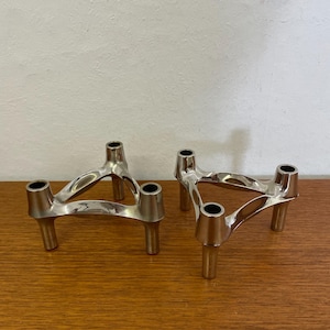 Set of 2 BMF fabric nail candlesticks / candle holders for sticking chrome silver Made in West Germany 60s 70s Mid Century Vintage