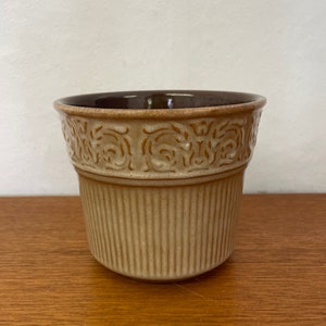 Op de afbeelding: Een bruine en beige keramische plantenpot met een decoratief ontwerp rond de bovenrand. De pot heeft een geribbelde textuur.