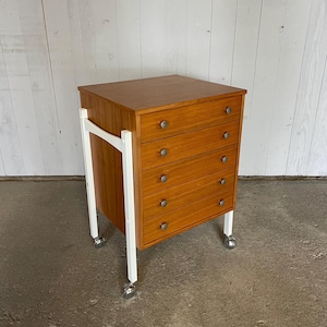 Mid Century chest of drawers with 5 drawers / small wooden cabinet on wheels 60s vintage