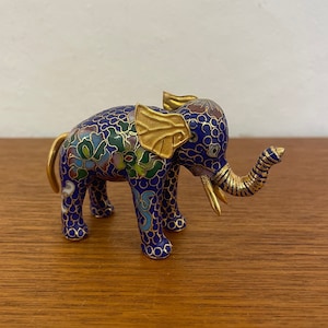 Asian Cloisonné Elephant / Small Elephant Figurine / Lucky Elephant in Blue and Gold Vintage