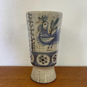 Large Le Mûrier ceramic vase with bird motif in blue Made in France 60s Mid Century Vintage