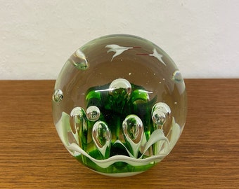 Vintage glass art paperweight paperweight in green with birds Mid Century