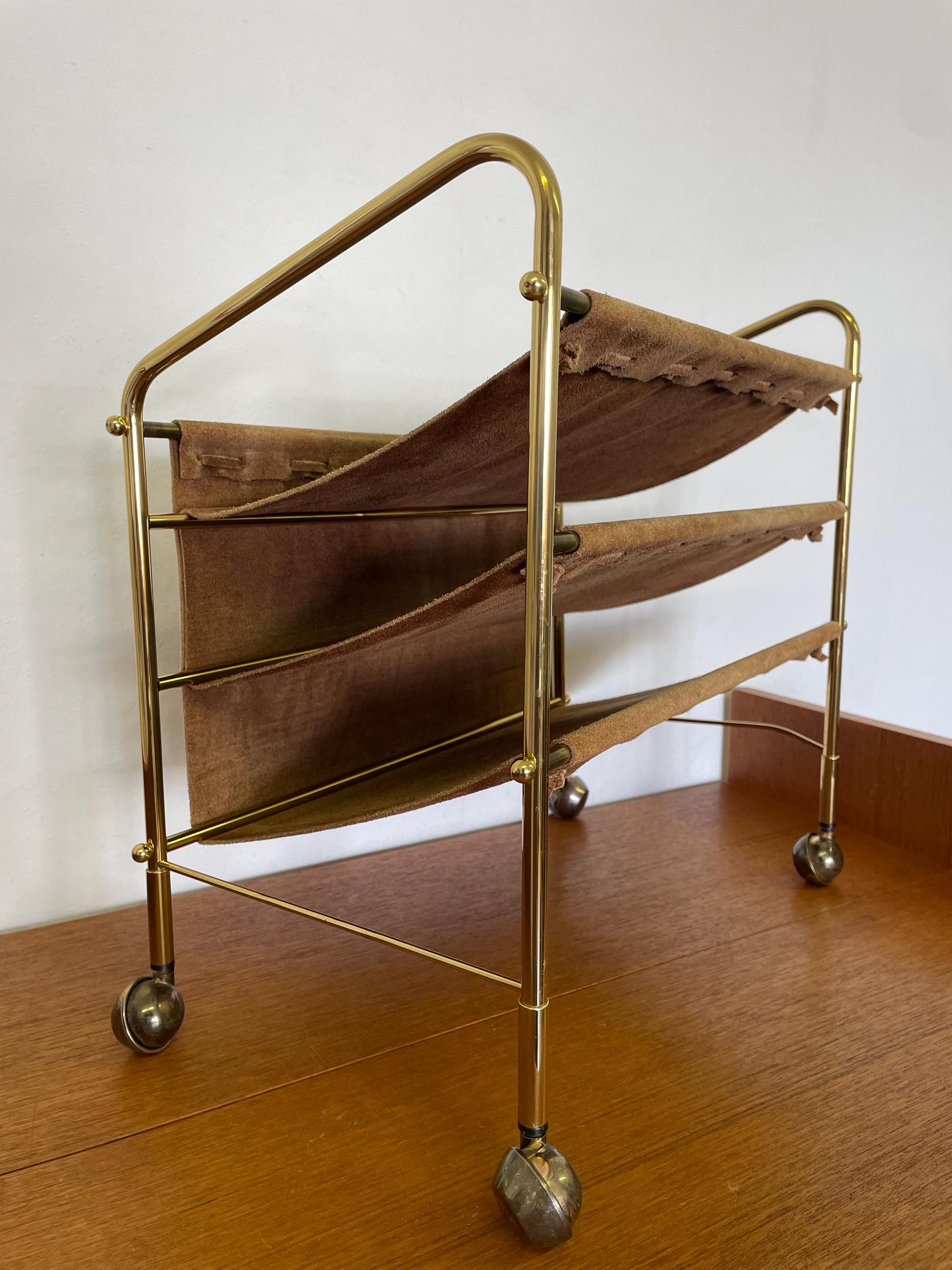 Rolling Magazine Rack / Newspaper Stand Made of Suede and Brass, 1950s ...