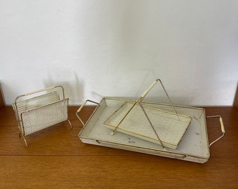 1/3 letter / desk storage / tray made of metal in white and gold 50s Mid Century Vintage