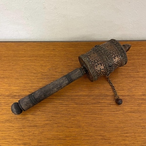 Tibetan prayer wheel / Mani mill made of copper and wood with mantra vintage