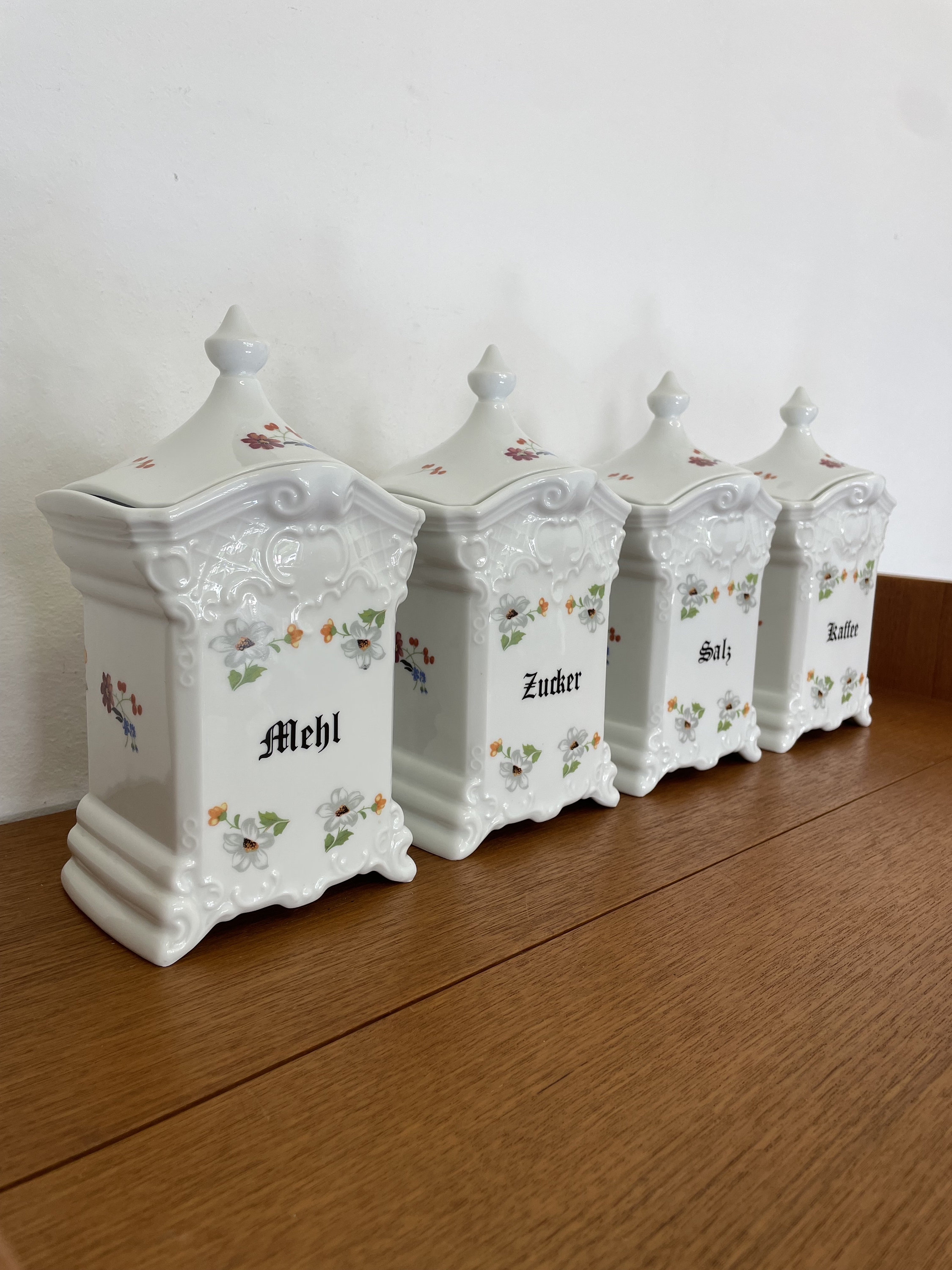 Set 4 edle florale Vorratsdosen (Mehl, Zucker, Salz, Kaffee) von Gerold-Porzellan Made in West Germany 60er Mid Century Vintage