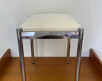 Stool made of white leather and silver metal 70s Mid Century Vintage