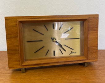 Reloj de mesa Haid 0272 / reloj buffet / reloj de sobremesa de madera con esfera dorada años 60 vintage de mediados de siglo
