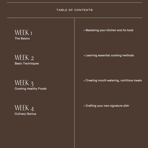 Puede incluir: Tabla de contenido de un curso de cocina. El curso se divide en cuatro semanas, cada semana se centra en un tema diferente. Semana 1: Los fundamentos, Semana 2: T&eacute;cnicas b&aacute;sicas, Semana 3: Cocinar alimentos saludables, Semana 4: Genio culinario.
