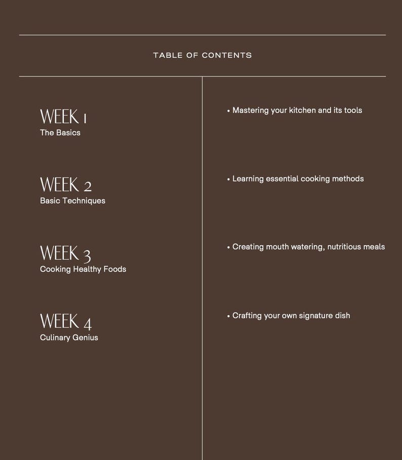 Puede incluir: Tabla de contenido de un curso de cocina. El curso se divide en cuatro semanas, cada semana se centra en un tema diferente. Semana 1: Los fundamentos, Semana 2: T&eacute;cnicas b&aacute;sicas, Semana 3: Cocinar alimentos saludables, Semana 4: Genio culinario.