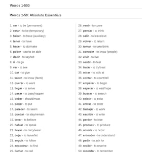 Può includere: Una pagina bianca con l'intestazione "PART 1: FOUNDATION" e un elenco di 50 parole spagnole con traduzioni in inglese. Le parole sono numerate e classificate come "Words 1-50: Absolute Essentials."
