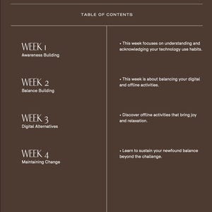 May include: Table of contents for a digital detox guide with four weeks of activities. Week 1: Awareness Building. Week 2: Balance Building. Week 3: Digital Alternatives. Week 4: Maintaining Change.