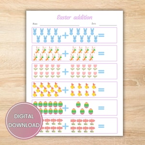 May include: A printable Easter-themed addition worksheet with colorful illustrations of bunnies, carrots, tulips, chicks, Easter eggs, and directional signs. The worksheet includes the text "Easter addition" and "DIGITAL DOWNLOAD" in a pink circle.