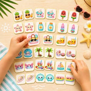 Sommarminnesmatchningsspel | Kawaii sommarkort (digital nedladdning)