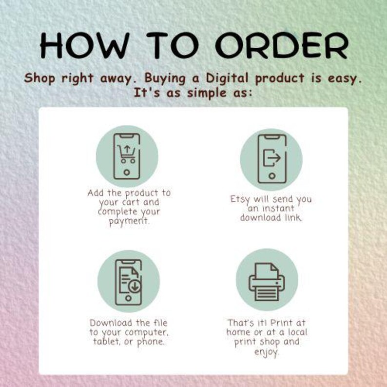 May include: A digital product ordering guide with the text "HOW TO ORDER." The guide shows the steps: add to cart, Etsy sends a download link, download the file, and print. The background is a gradient of pastel colors.