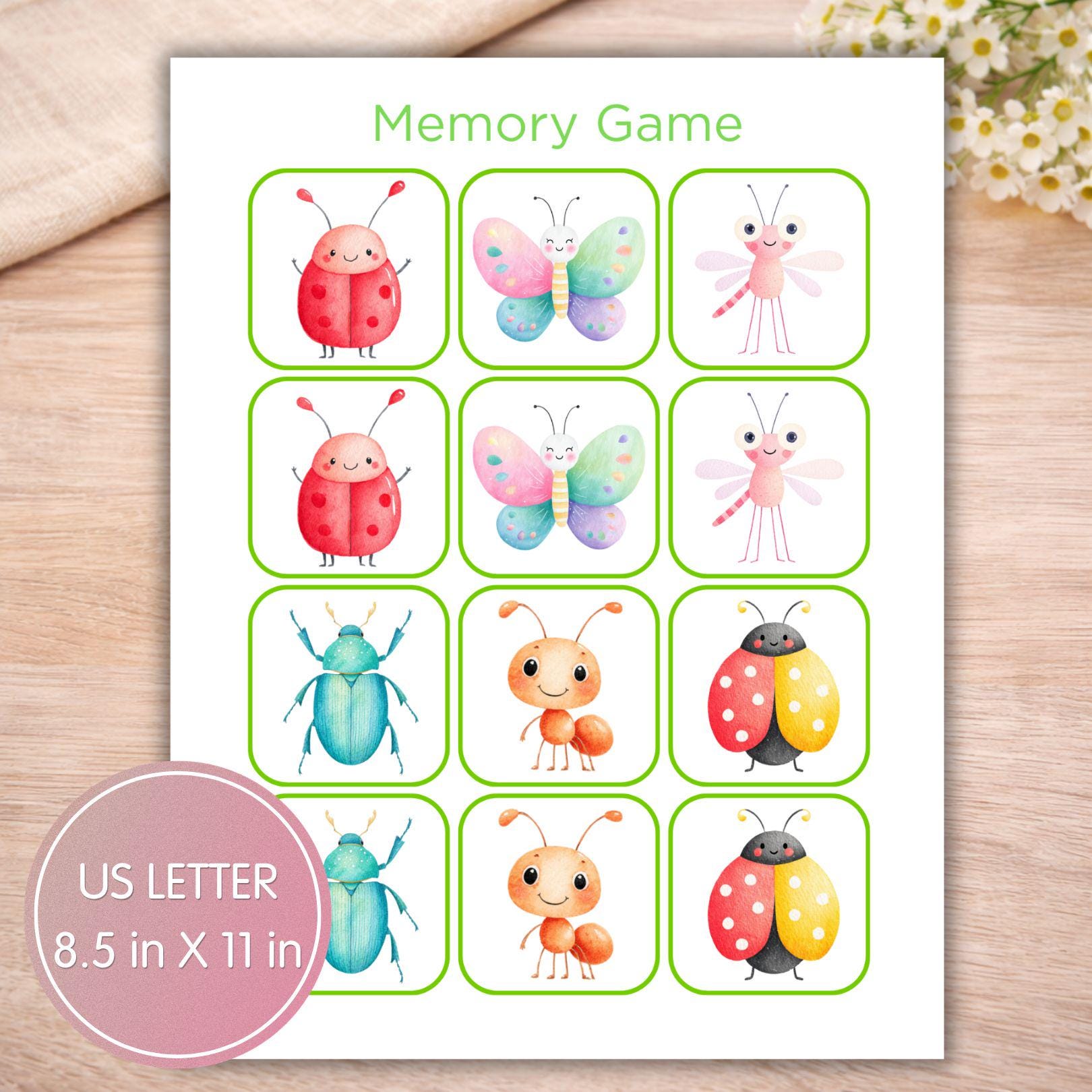 Spring Insect Spel Spring Insects Memory Game | Watercolor Insects Cards (digital Download ...