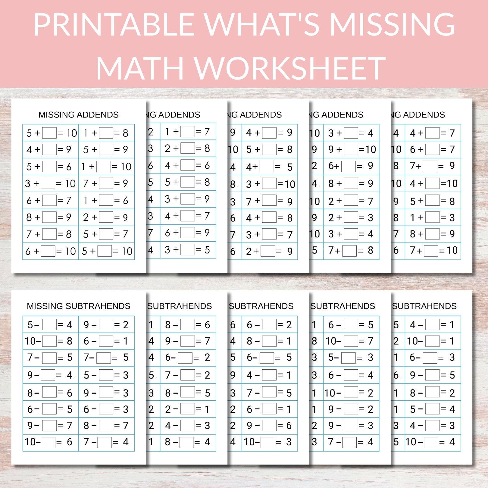 Missing Addends & Missing Subtrahends Worksheets | Math Printable ...