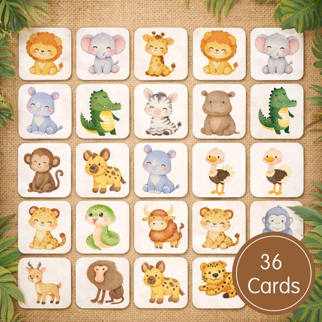 Safari Animals Memory Game | Watercolor Matching Activity Cards ...