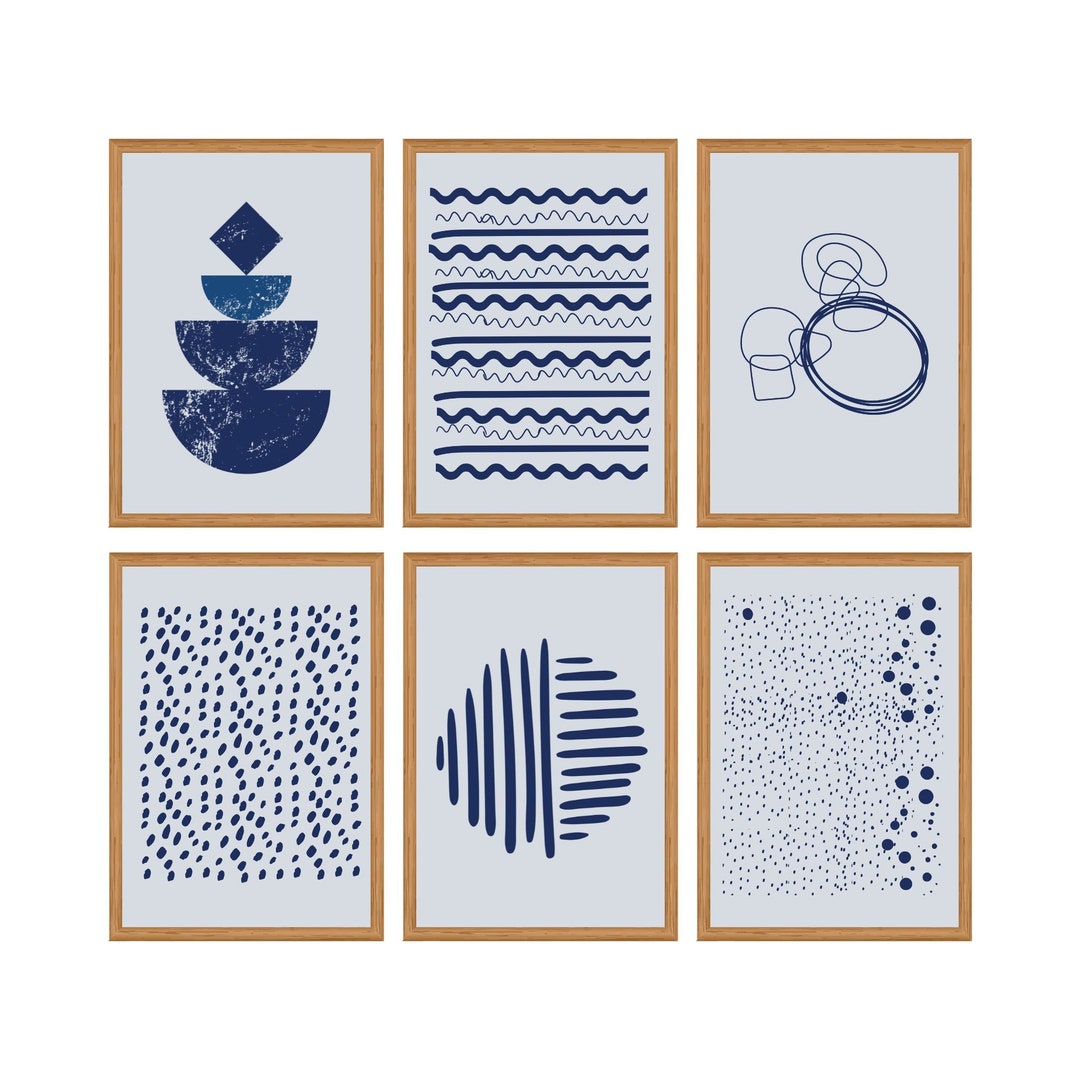Navy Blue Gallery Wall Set, Set of 6 Prints, Modern Art Prints, Boho