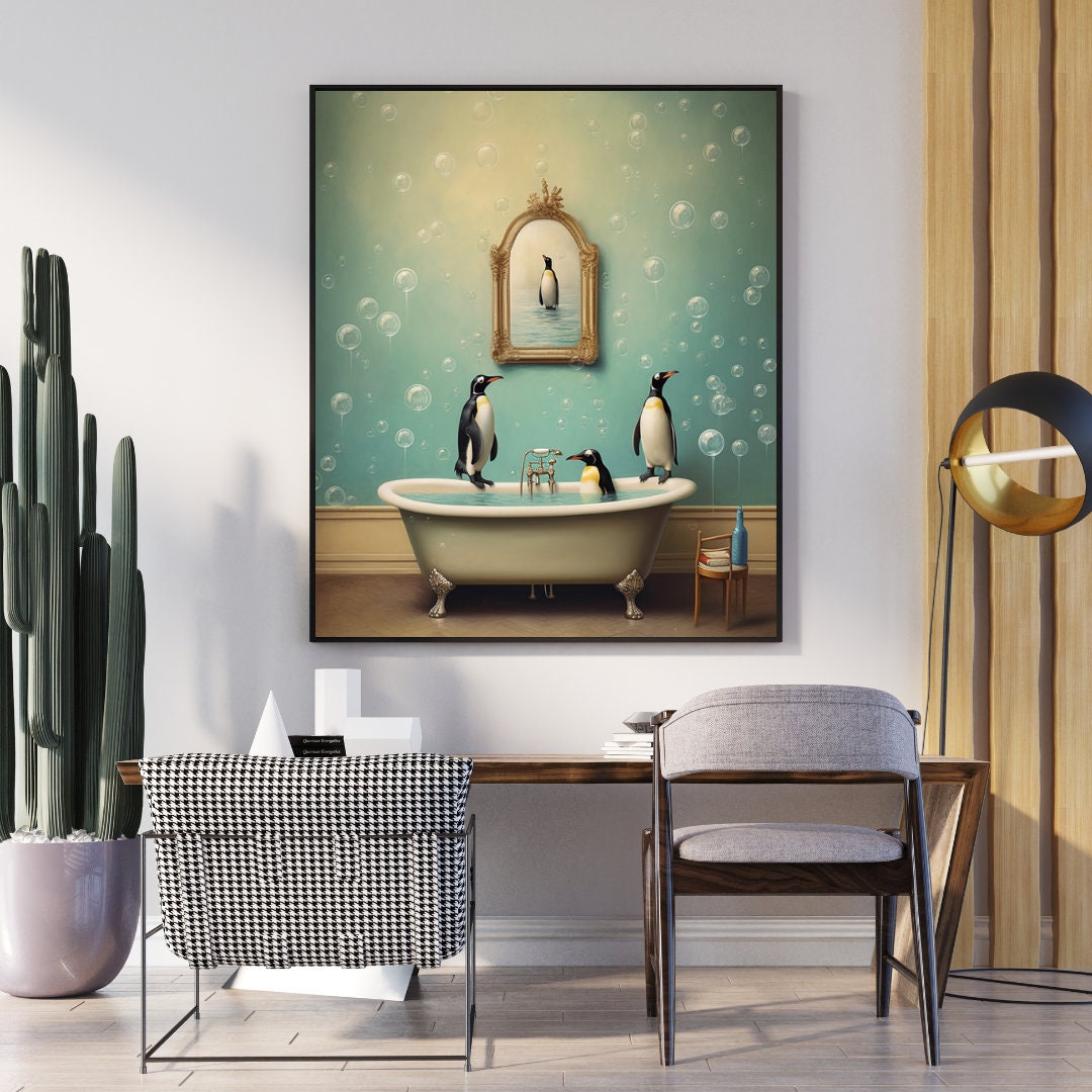 Penguin Poster | Penguin in Bathtub Print | Penguin Art | Bathroom Art ...