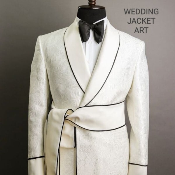 White Jackets, Men Smocking Jacket, Bathrobes Style, Shawl Lapel Coat, Tuxedo Jacket, Jacquard Design Jackets, Gift For Him.