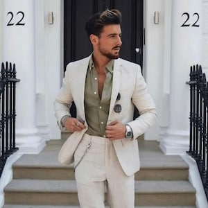 Mens white linen suits for beach weddings on sale