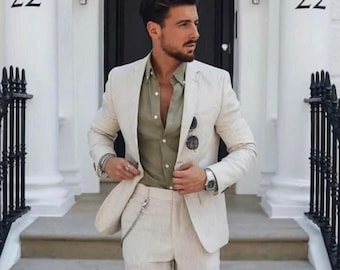 Trajes beige para hombre, lino de 2 piezas, traje de lino de playa, trajes de boda, traje de novios, trajes de fiesta, regalo para él,