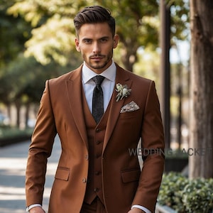 Men Orange rust wedding suit 3piece suits Men grooms wear 1 button notch lapel  3 piece suits  gift for husband and luxury prom casual suits