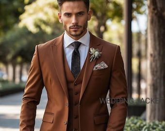Men Orange rust wedding suit 3piece suits Men grooms wear 1 button notch lapel  3 piece suits  gift for husband and luxury prom casual suits