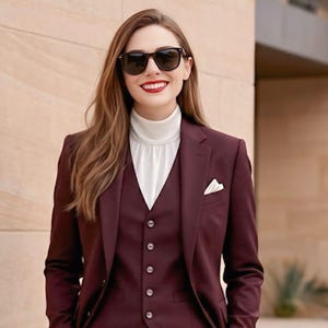 May include: A burgundy three-piece suit with a white turtleneck and a pocket square. The suit includes a blazer, vest, and trousers. The person is wearing black sunglasses and has long brown hair.