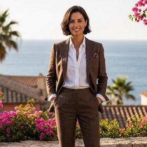May include: A brown suit with a white button-down shirt. The suit includes a blazer, trousers, and a pocket square. The person is wearing brown leather loafers. The background features a stone wall, pink flowers, and a view of the ocean.