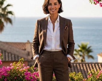 May include: A brown suit with a white button-down shirt. The suit includes a blazer, trousers, and a pocket square. The person is wearing brown leather loafers. The background features a stone wall, pink flowers, and a view of the ocean.