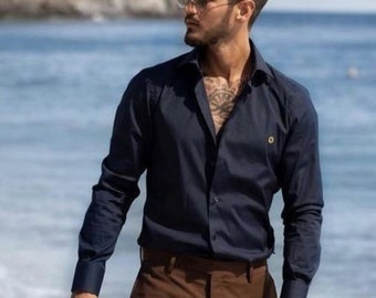 Men&#39;s Slim Fit Suit: Brown Pant, Blue Shirt