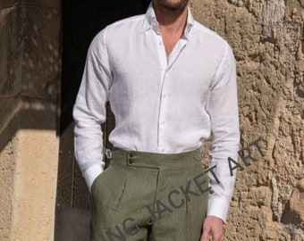 Men's Linen Trouser Shirt: Casual Olive Pant & White Shirt