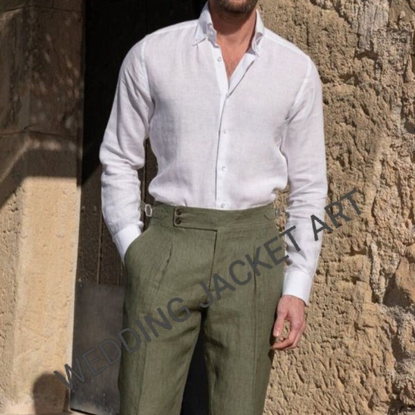 Men's Dress, Trouser Shirt, Linen Pant Shirt, Casual Fit Dresses, Party wear Suit, White Shirt, Linen Shirt, Olive Line Pant.