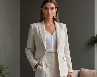 Beige Linen Suit Set for Women – Summer Blazer & Pants Outfit, Minimalist Vacation Co-Ord