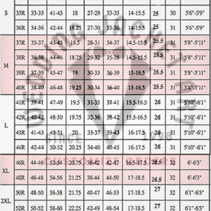 May include: A chart with measurements for men's jackets. The chart includes measurements for jacket, chest, over arm, shoe ider, waist, hip, neck, sleeve, length, and height. The chart is labeled "Men's Jacket Chart" at the top and "Wedding Jacket Art" at the bottom.
