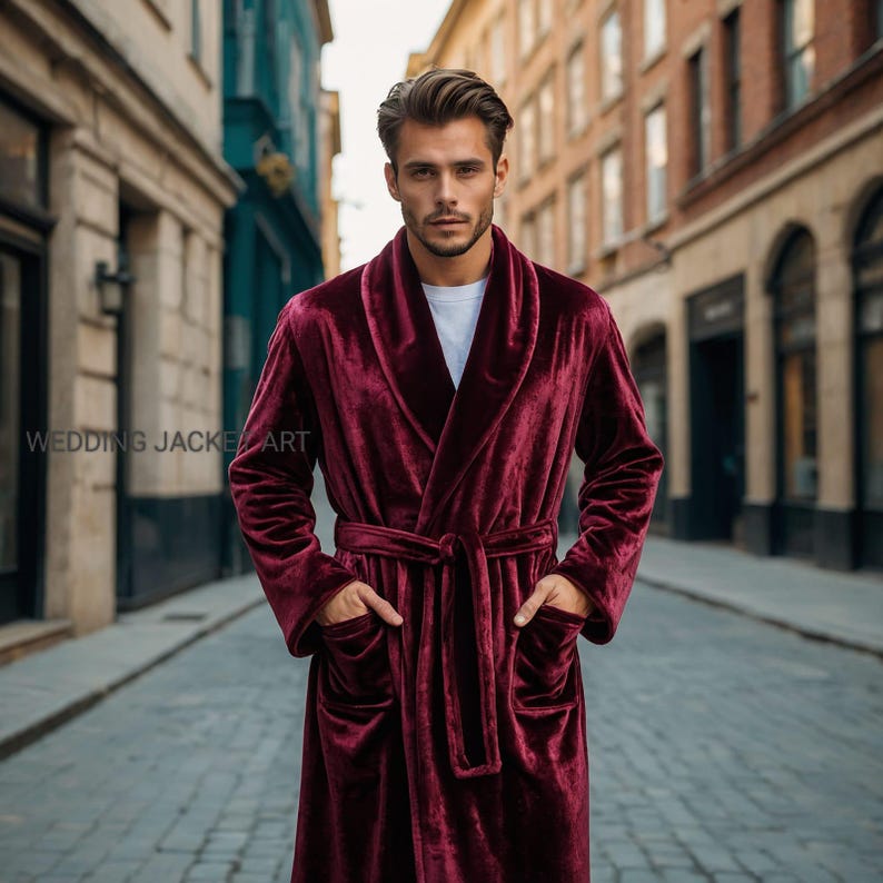 Men's Burgundy Velvet Robe: Long Belted Evening Jacket - Etsy
