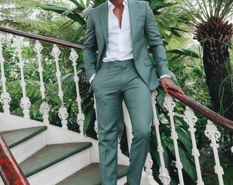 Men&#39;s Green Suit: Peak Lapel Tuxedo, Wedding Prom Outfit