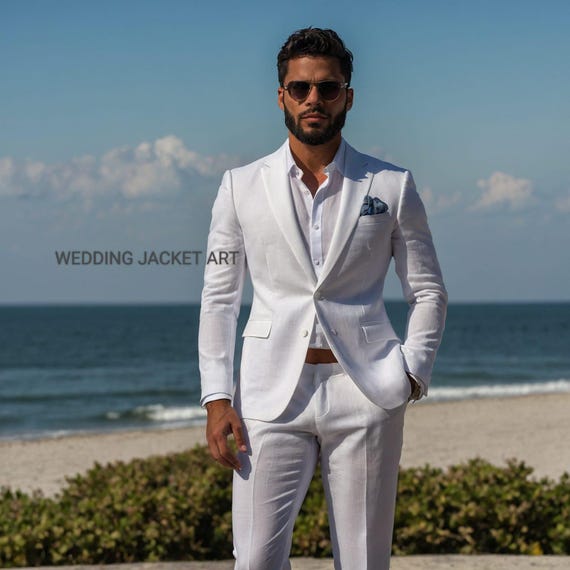 Men's White Linen Suit: 2-Piece Beach Wedding Groom Suit