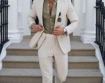 Men,s Beige Suits, Linen 2 Piece, Beach Linen suit, Wedding suits, grooms Suit, Party Wear suits, Gift For Him,