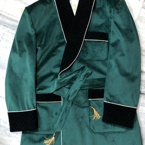 New green long smocking jacket evening party wear long robe jacket double breast black velvet quilted lapel design gift for husband.