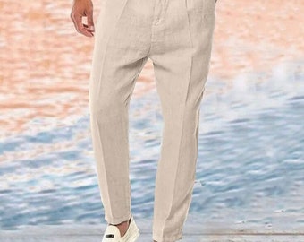 Vestido de hombre, pantalón beige, pantalón de lino, vestidos casual fit, traje de fiesta, casual fit, pantalón de lino arena, pantalón gris.