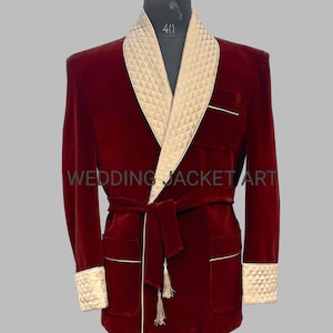 Men Burgundy smocking jacket evening wear jackets double breast golden quilted lapel design gift for husband and friend Gift for Christmas