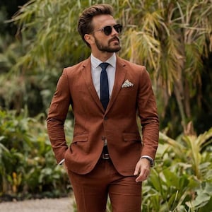 Men’s Rust Linen Suit 2 Piece Set  Summer Wedding Groom Suit  Lightweight Breathable Blazer and Trousers Custom Tailored Linen Suit for Men
