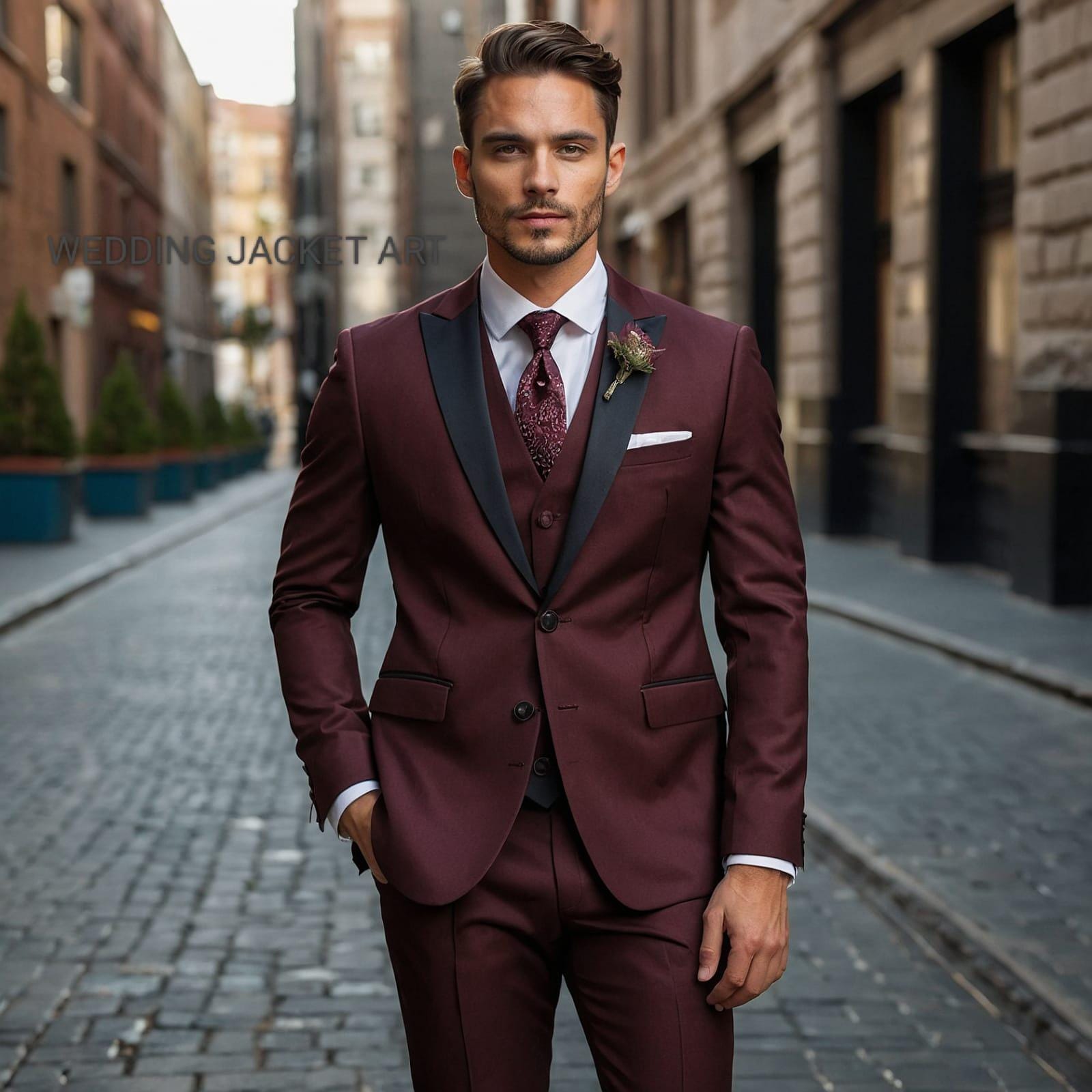 バーガンディのスーツ3点セット Men's Burgundy Tuxedo Suit: Slim Fit 3-piece Wedding Prom Blazer