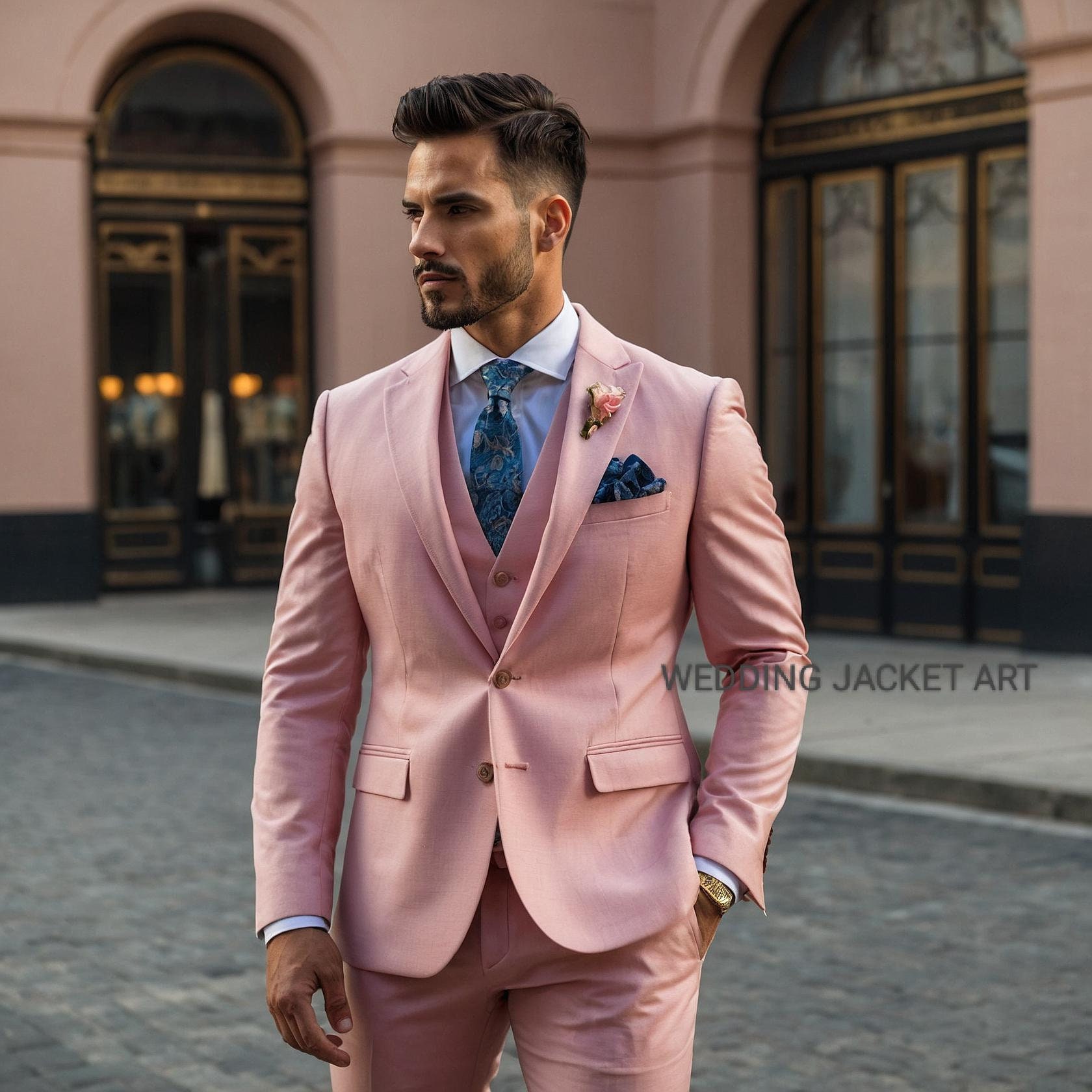 Pink Wedding Dress For Men Pink Peak Lapel 3-piece Suit: Men's Slim Fit  Wedding Groom Attire