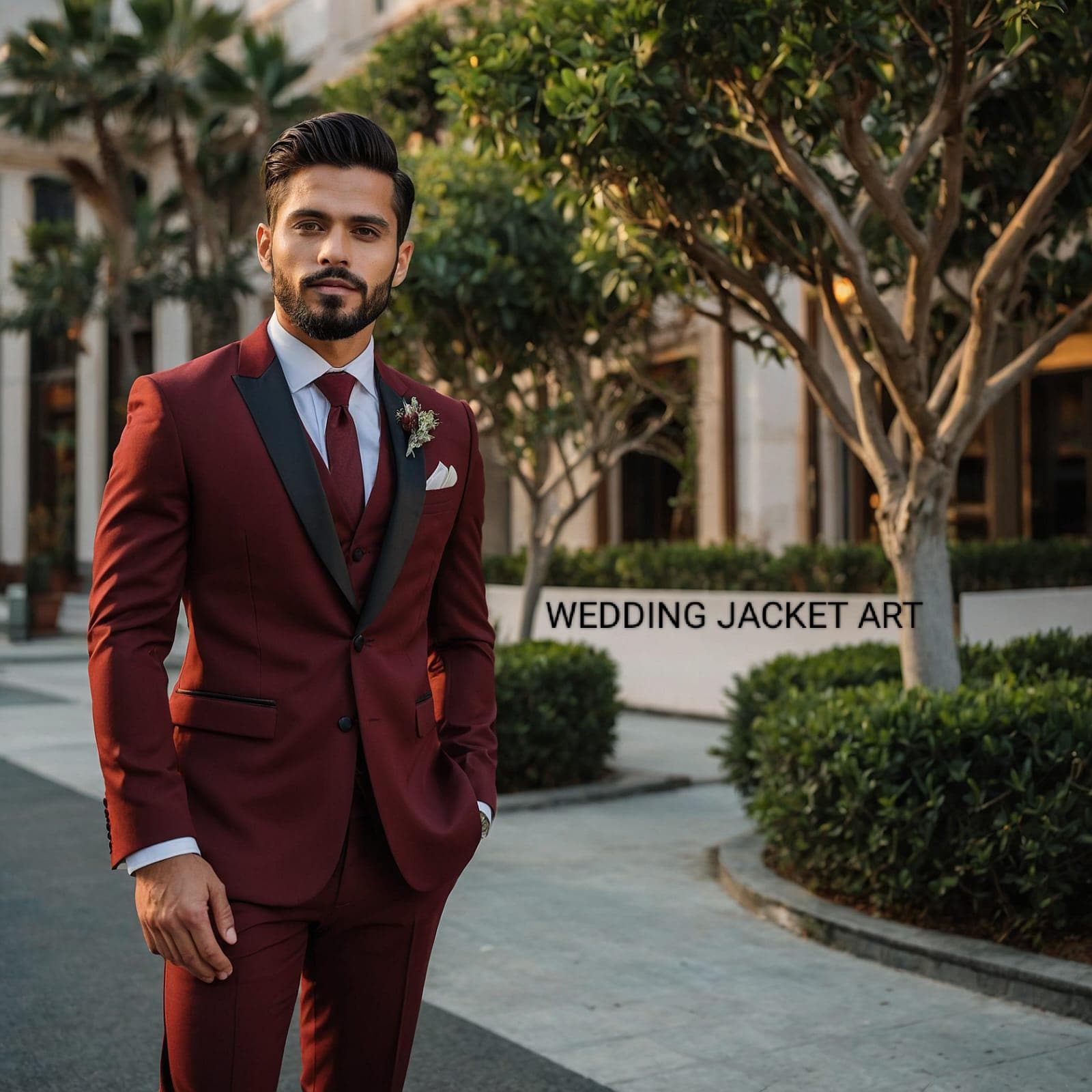 バーガンディタキシードスーツ：黒のラペルが付いたメンズ3ピース