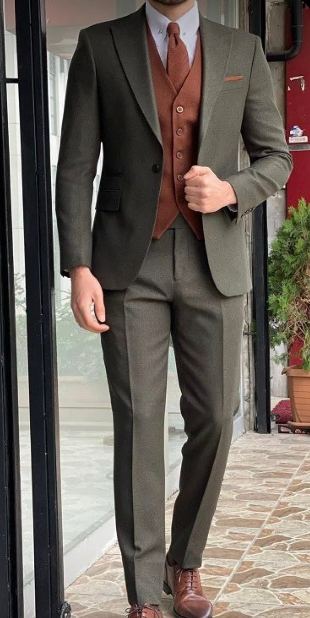Men's  Olive 3 Piece Regular Fit  Vest Dress Suit Poly Poplin